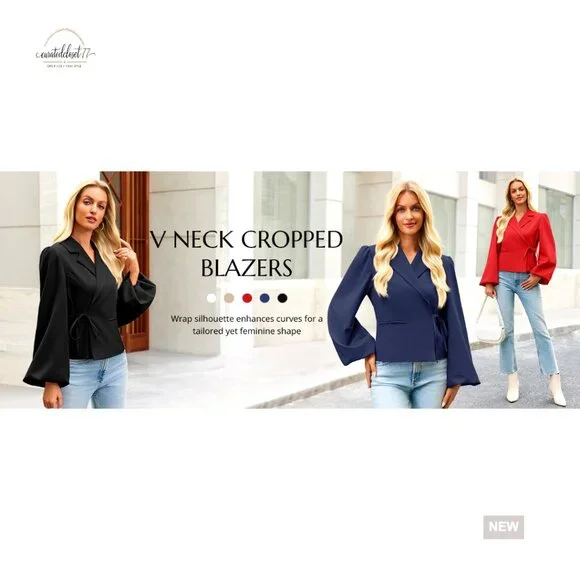 Puff Sleeve Cropped Blazer V Neck Wrap Trench Coat Office Casual - Picture 7 of 7